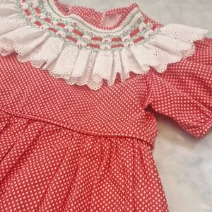 Handmade Smocked Eyelet Christmas Holiday Red White Ruffled Girls Dress Sz‎ 8-10